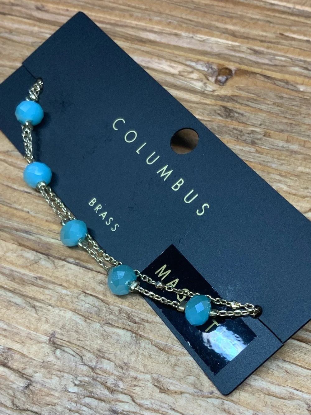 Columbus Gold-Tone with Blue Turquoise Beads Brass Magnetic Bracelet
